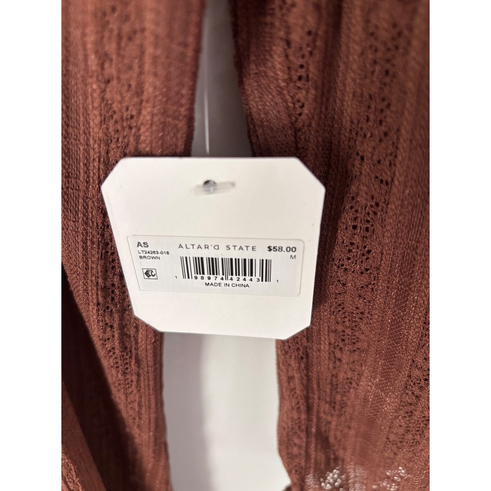 Altar'd State Brown Pointelle Lace Mock Neck Bell Sleeve Top cottagecore NWT M - Picture 7 of 11